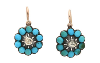 Jewellery Earrings EARRINGS, 18K gold/silver, 2 rose cut diamonds, turquoise...