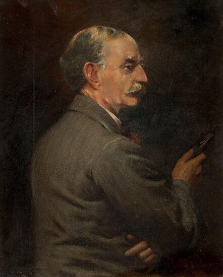 John Frederick Harrison Dutton, British fl.1893-1909- Portrait of Thomas Hardy OM (1840-1928), seated half-length, turned to the right; oil on canvas, signed and dated 'J. F. HARRISON DUTTON / 1890.' (lower right), bears inscribed label attached to...