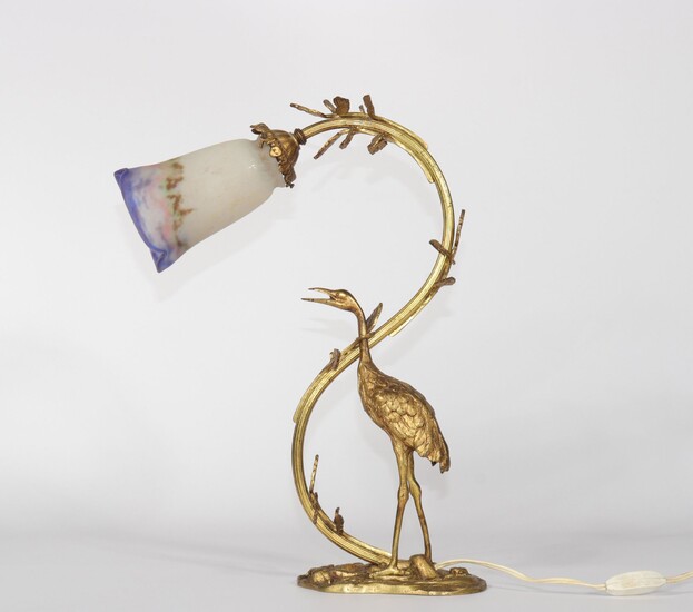 Lampe en bronze à décor de héron bobèche Muller