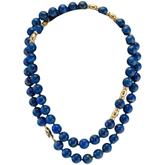 Lapis Lazuli Bead Necklace 10mm 14K Yellow Gold 32.5"