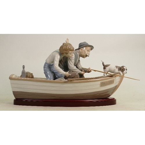 Lladro large figure group "Fishing with Gramps": On wooden b...