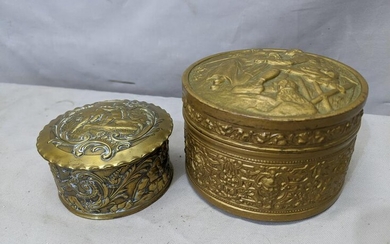 Lot 2 Ornate Brass & Metal Round Decorative Boxes