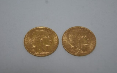 Lot of 2 pieces 20 frs gold Rooster 1906 and 1909. Weight 12, 96 g .BE