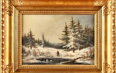Louis Ludwig Casimir SIERICH (1834-1919) Chasseur dans un paysage enneigé Huile sur panneau Signé en...