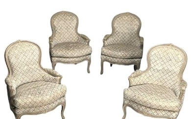 Louis XV Style, Bergère Chairs, Grey Painted Wood, Fabric, France, 1970s