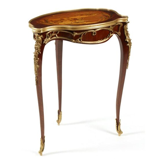 Louis XV Style Inlaid Cartouche Three Leg Table.