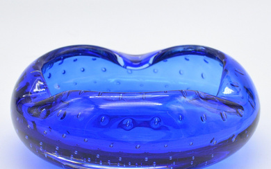 MURANO GLASS BOWL WITH AIR POCKETS, BLUE-TRANSPARENT, HANDMADE, VINTAGE AROUND 1960S.