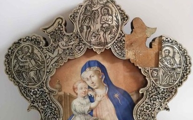"Madonna with Child" Tempera painting - Mother of pearl, Vellum - 17th century
