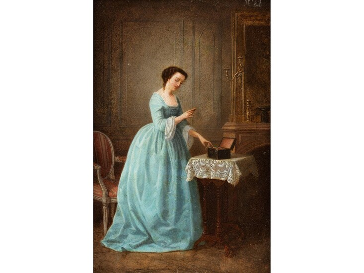 Maler des ausgehenden 18./ beginnenden 19. Jahrhunderts, ELEGANTE DAME MIT SCHMUCKSCHATULLE