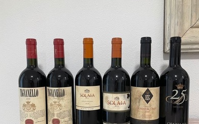 Marchesi Antinori Solaia; 2002 & 2001 Tignanello 1999 & 2000, 2010 Ornellaia 25° Anniversario & 1999 Guado al Tasso - 6 Bottles (0.75L)