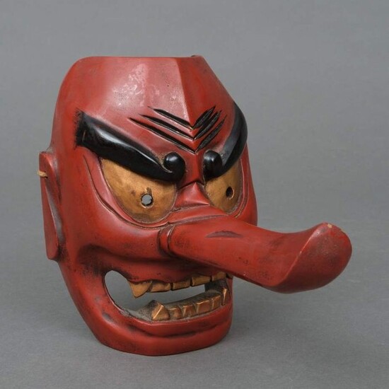 Mask - Lacquered wood - Long-nosed tengu - Red and gold lacquered Tengu mask with huge nose - Japan - Shōwa period (1926-1989)