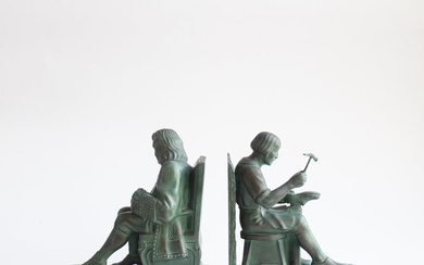 Max le Verrier - Bookends (2) - The cobbler and the financier - Bronze (patinated)