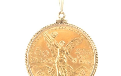 Mexican Gold Coin, 14k Yellow Gold Pendant.