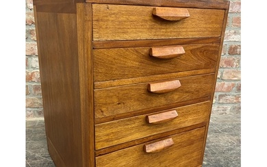 Mid century teak bank of five drawers, H 76cm x W 52cm