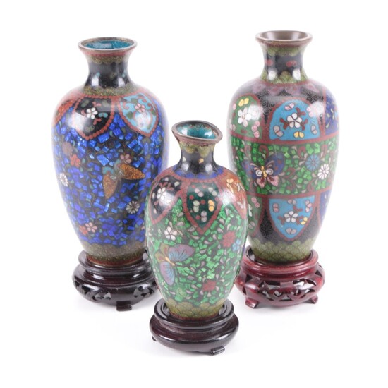 Miniature Floral Motif Cloisonné Vases with Wooden Stands