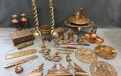 Miscellaneous brass including a pair of Victorian spiral twist candlesticks,...