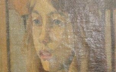 Modern British School, mid-20th century- Portrait of a girl, head and shoulders turned to the left, (recto), unfinished abstract composition, (verso); oil on de-stretchered canvas, 50.5 x 40.5cm (unframed)