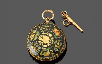Montre émaillée en or, vers 1830. Montre de poche en or, décor émaillé de fleurs...