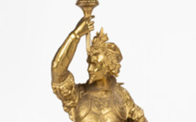 Monumental Victorian Brass Figural Cavalier Newel Post