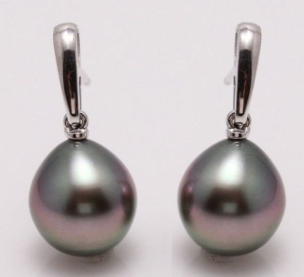NO RESERVE PRICE - 14 kt. White Gold - 10x11mm Peacock Tahitian Pearl Drops - Earrings