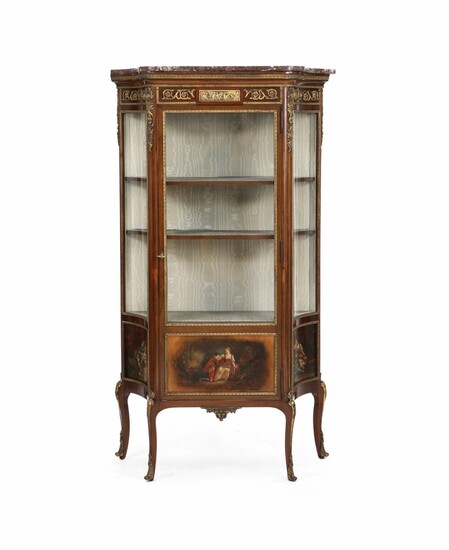 NOT SOLD. A French Transition style mahogany display cabinet wit gilt-bronze mountings. Marble tiop. Ca....