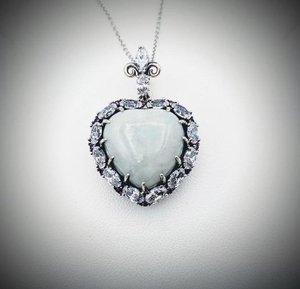 Necklace & Heart Shaped Pendant w Jade, CZs & Amethyst