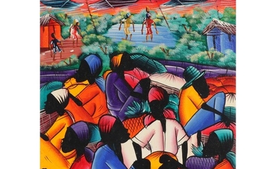 Nènèl Haitian Folk Art Acrylic Painting of Market Scene, Late 20th Century