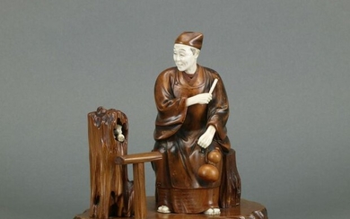 Okimono - Boxwood, Ivory - Sarumawawshi 猿回 (monkey trainer) - Japan - Meiji period (1868-1912)