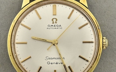 Omega seamaster, montre vintage, plaquée or, automatique, équipée d'un bracelet en cuir, un peu usée....