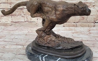 On the Prowl - Majestic Cheetah in Full Stride Inspired Bronze Sculpture by J. Moigniez - 9.5" x 16"