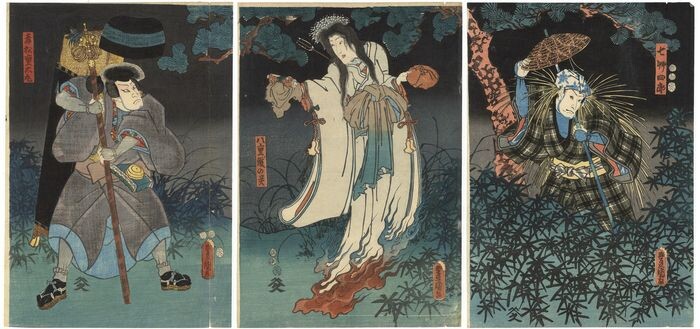 Original woodblock print triptych - Washi paper - Kabuki, Ghost 