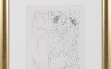 PABLO PICASSO, SPANISH 1881-1973, REMBRANDT ET FEMME AU VOILE - REMBRANDT AND WOMAN WITH VEIL, Etching on laid paper with "Vollard" watermark, Sheet: 17 1/2 x 13 1/4 in. (44.5 x 33.7 cm.), Frame: 20 3/4 x 17 1/2 in. (52.