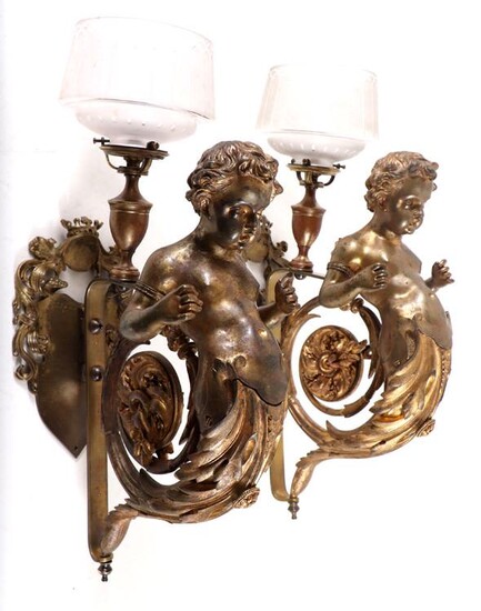 PAIR 19TH C FRENCH GILT BRONZE PUTTI WALL SCONCES