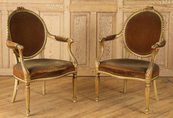 PAIR ADAMS STYLE CARVED ARM CHAIRS CIRCA 1920