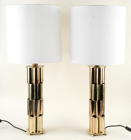 PAIR BRASS STACKED TUBE FORM TABLE LAMPS