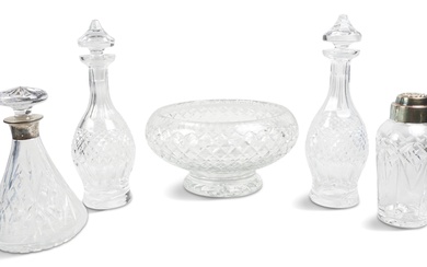 PAIR OF WATERFORD DECANTERS AND A COCKTAIL SHAKER, TOGETHER WITH A MAPPIN & WEBB SILVER MOUNTED BRANDY DECANTER AND ENGLISH CUT CRYSTAL BOWL