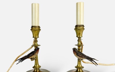Pair Antique Brass Candlestick Lamps w/Cold Painted Bronze Swallow Birds