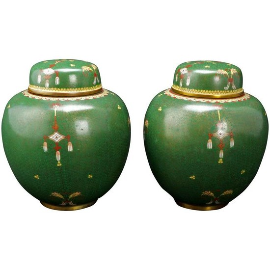 Pair Chinese Qing Green Cloisonné Lidded Jars