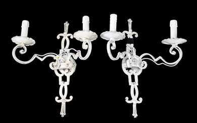 Pair French Country Wrought Iron White Sconces