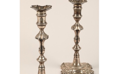 Pair George II silver candle sticks, knopped baluster formed...
