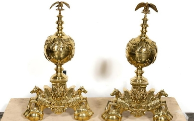 Pair, Large Baroque Style Polished Brass Andirons