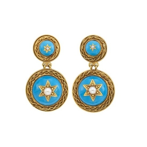 Pair of Antique Gold, Turquoise Enamel and Split Pearl Pendant-Earrings