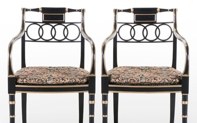Pair of Baker "Historic Charleston" Ebonized, Parcel-Gilt, and Caned Armchairs