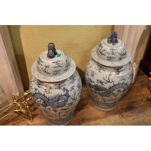 Pair of Blue and White Porcelain Urns with Oriental Dragon D...