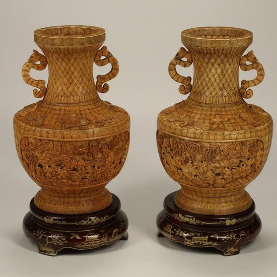 Pair of Chinese Bone Inlaid and Carved Vases.