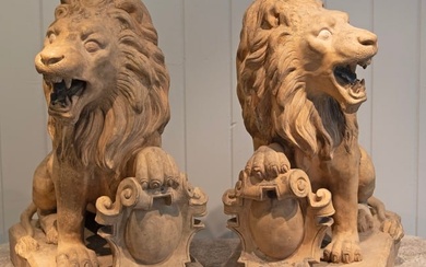 Pair of French Terracotta Armorial Lions, Signed "Garouste"