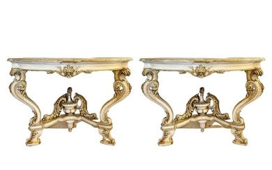 Pair of Italian Parcel Paint and Gilt Decorated Faux Marble-Top Console Tables