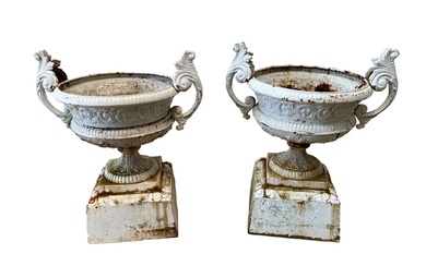 Pair of White Painted Cast Iron Urns 34 1/2"H, 29"L,...