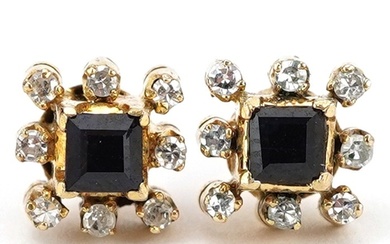 Pair of unmarked gold sapphire and diamond square cluster st...