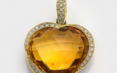 Pendentif représentatif en forme de cœur en citrine de Patz en or jaune, taille 750....
